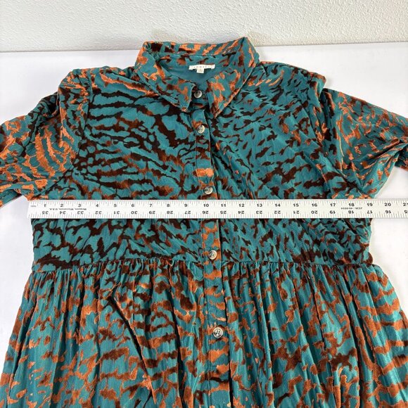 Jodifl Crushed Velvet Animal Print Shirt Dress Womens L Teal Bronze Long Sleeve - Picture 8 of 13